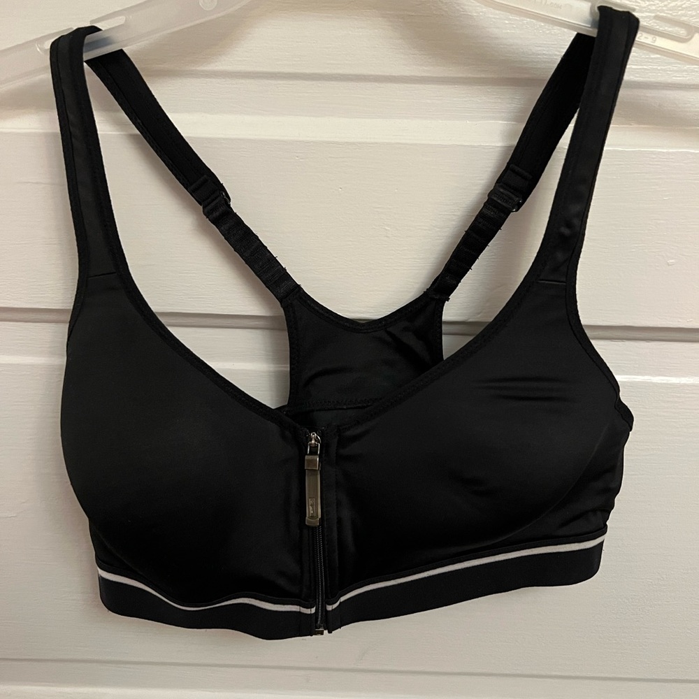 Speedo Axcelerate Womens Front Zip Racerback Sports Bra Black 34B Athleisure